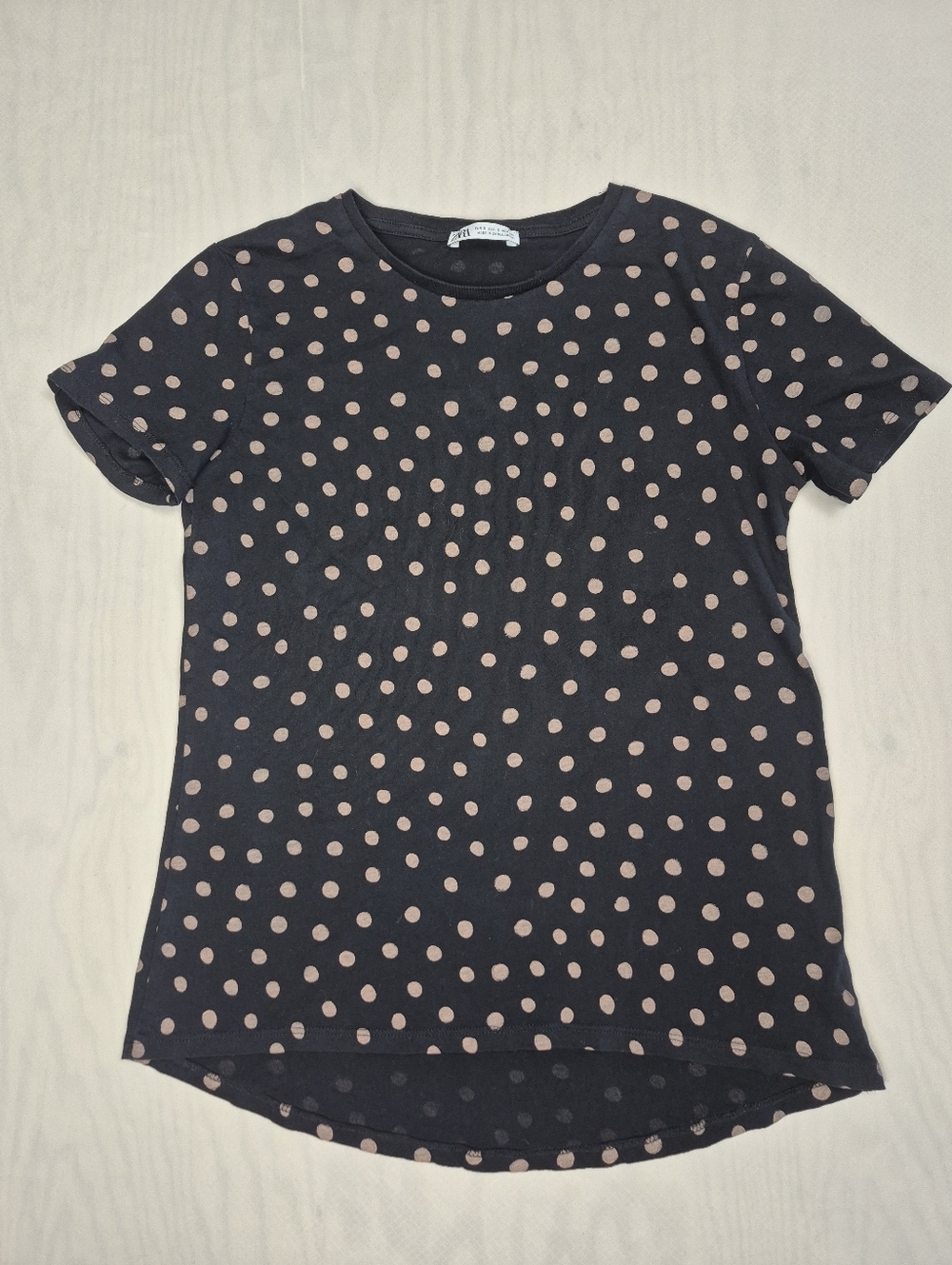 Zara Polka Dot Tee Black Tan Short Sleeve Hi-Low Hem Size S - Picture 2 of 5